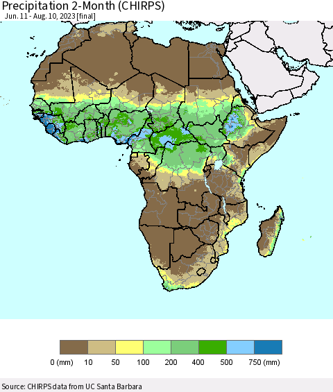 Africa Precipitation 2-Month (CHIRPS) Thematic Map For 6/11/2023 - 8/10/2023
