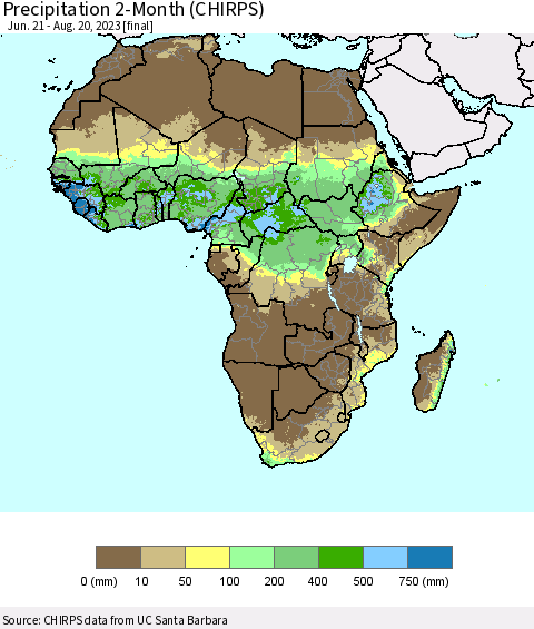 Africa Precipitation 2-Month (CHIRPS) Thematic Map For 6/21/2023 - 8/20/2023