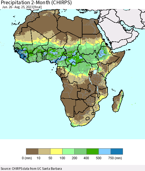 Africa Precipitation 2-Month (CHIRPS) Thematic Map For 6/26/2023 - 8/25/2023