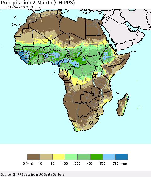 Africa Precipitation 2-Month (CHIRPS) Thematic Map For 7/11/2023 - 9/10/2023