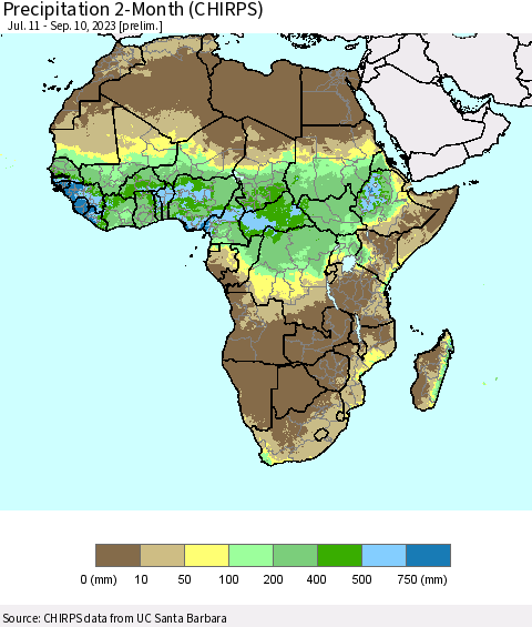 Africa Precipitation 2-Month (CHIRPS) Thematic Map For 7/11/2023 - 9/10/2023