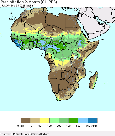 Africa Precipitation 2-Month (CHIRPS) Thematic Map For 7/16/2023 - 9/15/2023