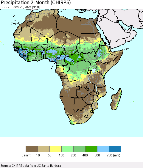 Africa Precipitation 2-Month (CHIRPS) Thematic Map For 7/21/2023 - 9/20/2023