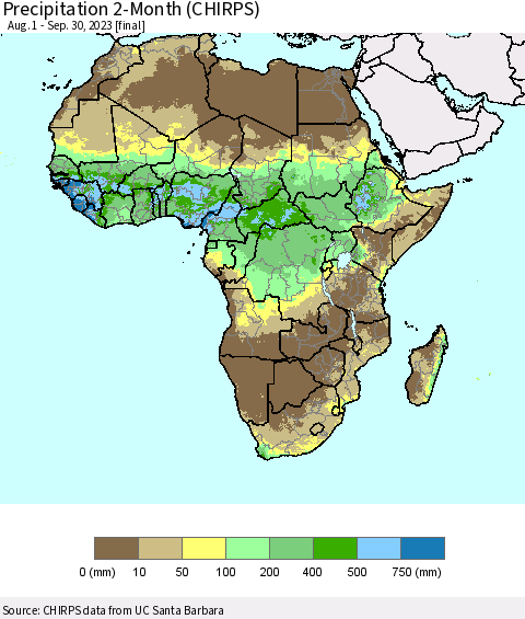 Africa Precipitation 2-Month (CHIRPS) Thematic Map For 8/1/2023 - 9/30/2023