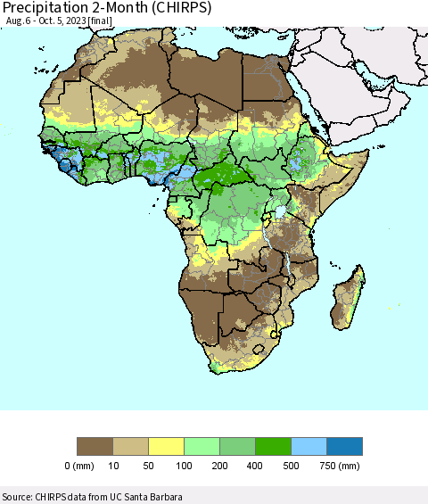Africa Precipitation 2-Month (CHIRPS) Thematic Map For 8/6/2023 - 10/5/2023