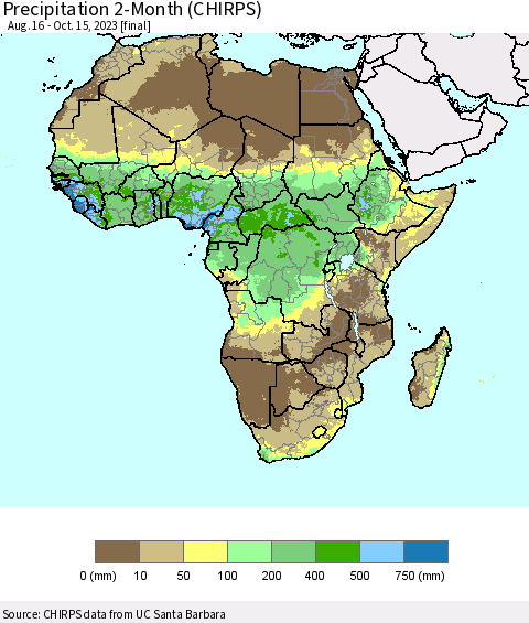 Africa Precipitation 2-Month (CHIRPS) Thematic Map For 8/16/2023 - 10/15/2023