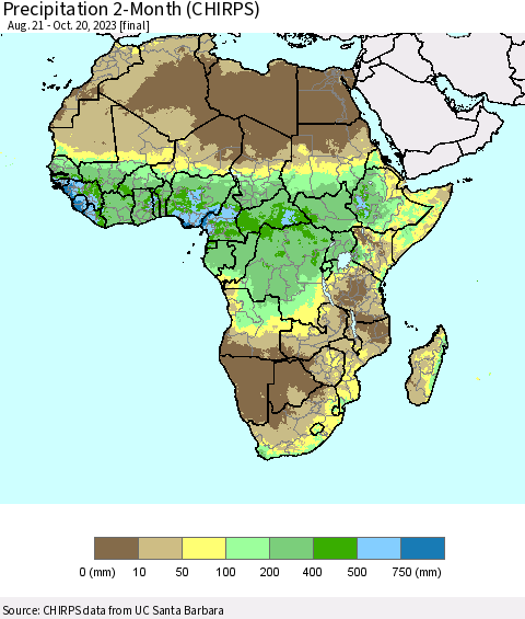 Africa Precipitation 2-Month (CHIRPS) Thematic Map For 8/21/2023 - 10/20/2023