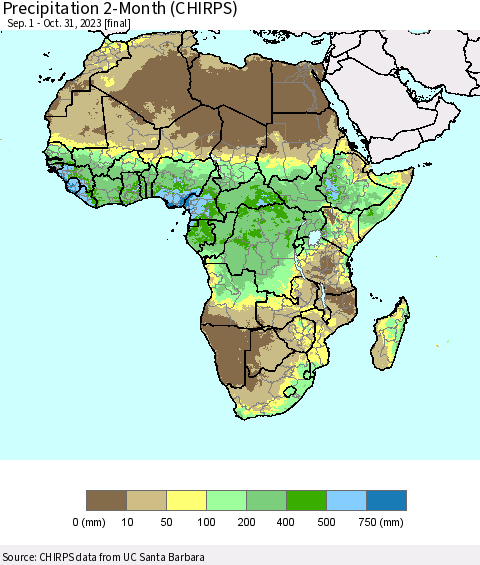 Africa Precipitation 2-Month (CHIRPS) Thematic Map For 9/1/2023 - 10/31/2023