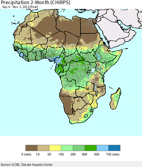 Africa Precipitation 2-Month (CHIRPS) Thematic Map For 9/6/2023 - 11/5/2023