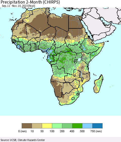 Africa Precipitation 2-Month (CHIRPS) Thematic Map For 9/11/2023 - 11/10/2023