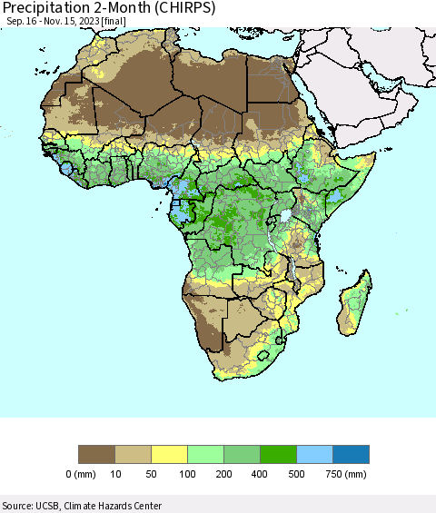 Africa Precipitation 2-Month (CHIRPS) Thematic Map For 9/16/2023 - 11/15/2023