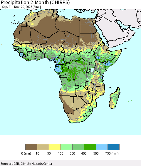 Africa Precipitation 2-Month (CHIRPS) Thematic Map For 9/21/2023 - 11/20/2023