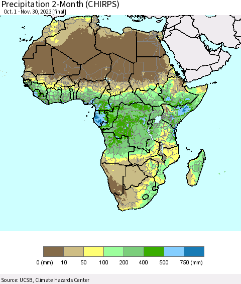 Africa Precipitation 2-Month (CHIRPS) Thematic Map For 10/1/2023 - 11/30/2023