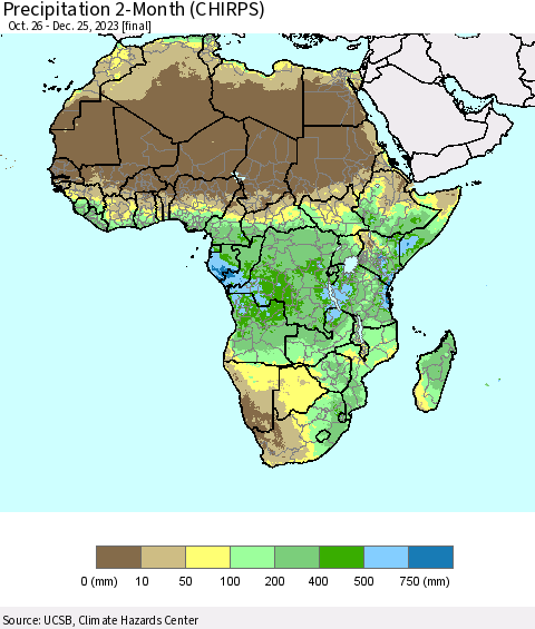 Africa Precipitation 2-Month (CHIRPS) Thematic Map For 10/26/2023 - 12/25/2023