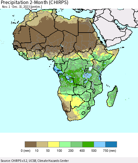 Africa Precipitation 2-Month (CHIRPS) Thematic Map For 11/1/2023 - 12/31/2023