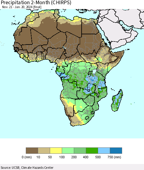 Africa Precipitation 2-Month (CHIRPS) Thematic Map For 11/21/2023 - 1/20/2024