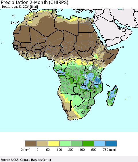Africa Precipitation 2-Month (CHIRPS) Thematic Map For 12/1/2023 - 1/31/2024