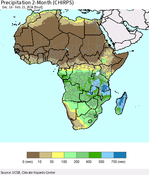 Africa Precipitation 2-Month (CHIRPS) Thematic Map For 12/16/2023 - 2/15/2024