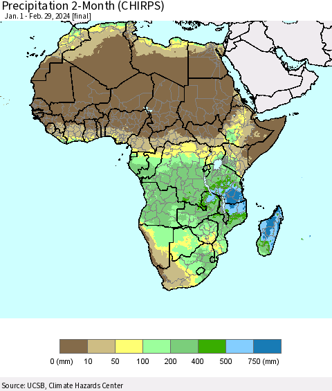 Africa Precipitation 2-Month (CHIRPS) Thematic Map For 1/1/2024 - 2/29/2024