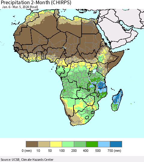 Africa Precipitation 2-Month (CHIRPS) Thematic Map For 1/6/2024 - 3/5/2024