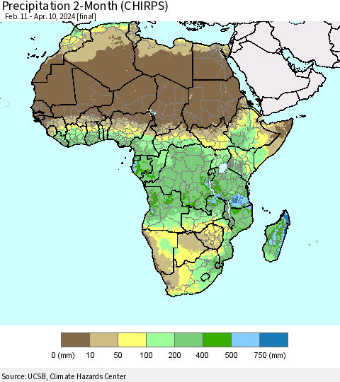 Africa Precipitation 2-Month (CHIRPS) Thematic Map For 2/11/2024 - 4/10/2024