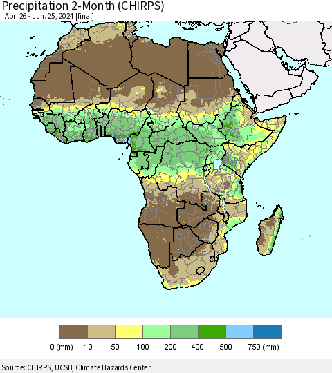 Africa Precipitation 2-Month (CHIRPS) Thematic Map For 4/26/2024 - 6/25/2024