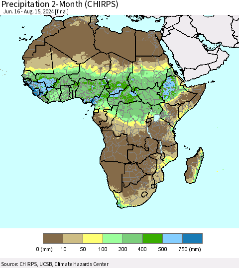 Africa Precipitation 2-Month (CHIRPS) Thematic Map For 6/16/2024 - 8/15/2024