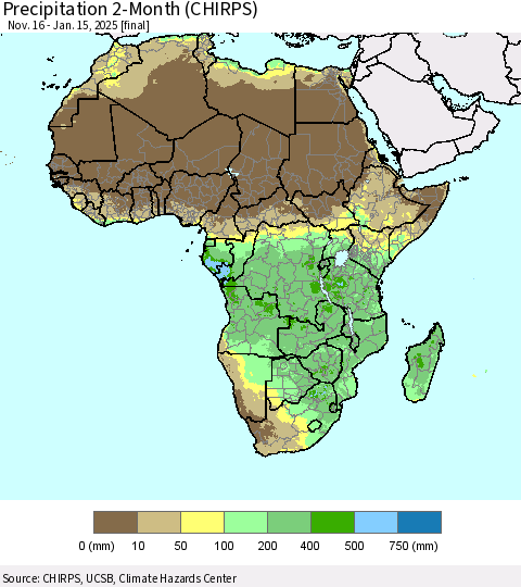 Africa Precipitation 2-Month (CHIRPS) Thematic Map For 11/16/2024 - 1/15/2025
