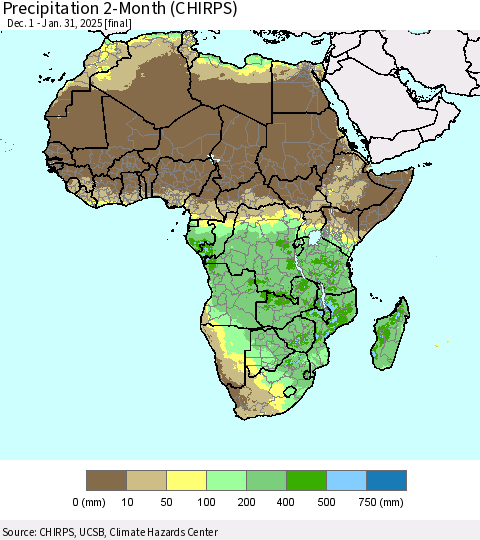Africa Precipitation 2-Month (CHIRPS) Thematic Map For 12/1/2024 - 1/31/2025