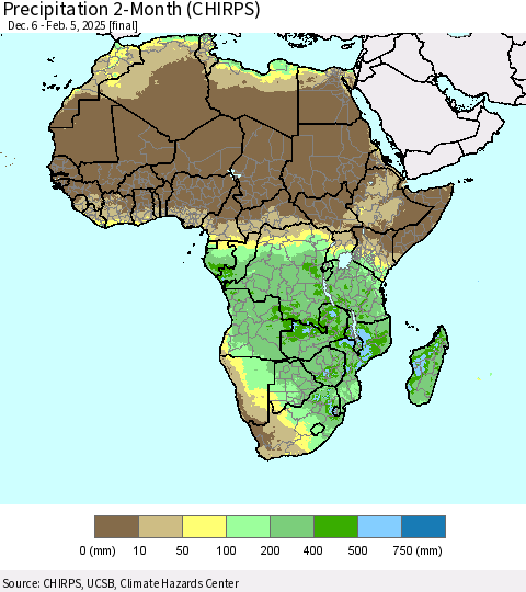 Africa Precipitation 2-Month (CHIRPS) Thematic Map For 12/6/2024 - 2/5/2025