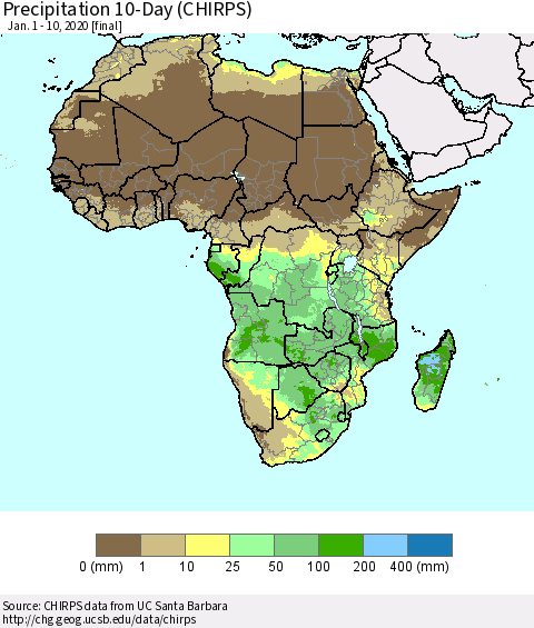 Africa Precipitation 10-Day (CHIRPS) Thematic Map For 1/1/2020 - 1/10/2020