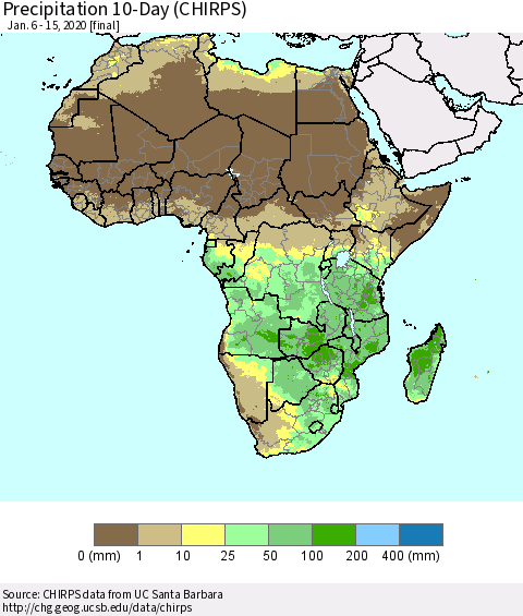 Africa Precipitation 10-Day (CHIRPS) Thematic Map For 1/6/2020 - 1/15/2020