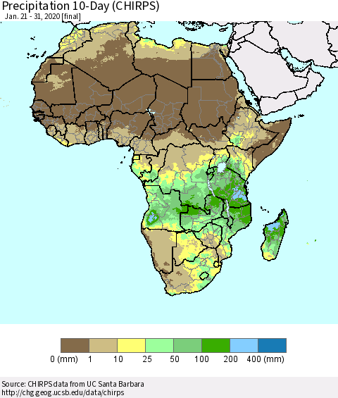 Africa Precipitation 10-Day (CHIRPS) Thematic Map For 1/21/2020 - 1/31/2020