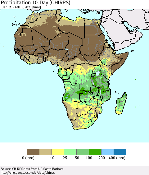 Africa Precipitation 10-Day (CHIRPS) Thematic Map For 1/26/2020 - 2/5/2020