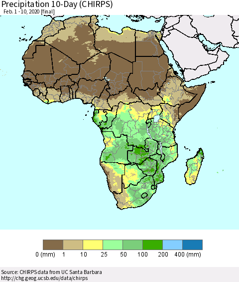 Africa Precipitation 10-Day (CHIRPS) Thematic Map For 2/1/2020 - 2/10/2020