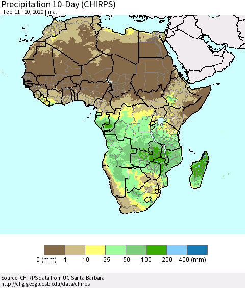 Africa Precipitation 10-Day (CHIRPS) Thematic Map For 2/11/2020 - 2/20/2020