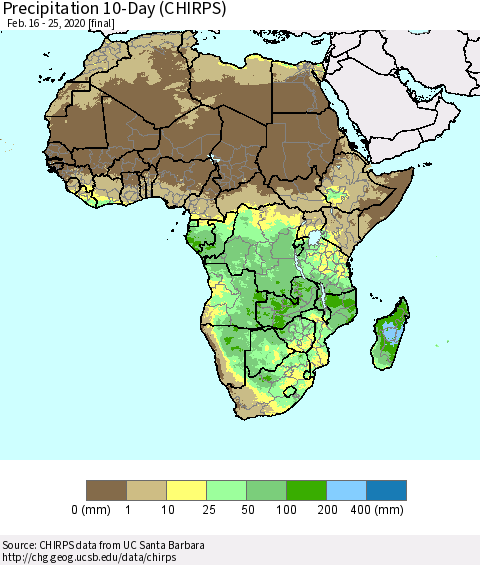 Africa Precipitation 10-Day (CHIRPS) Thematic Map For 2/16/2020 - 2/25/2020
