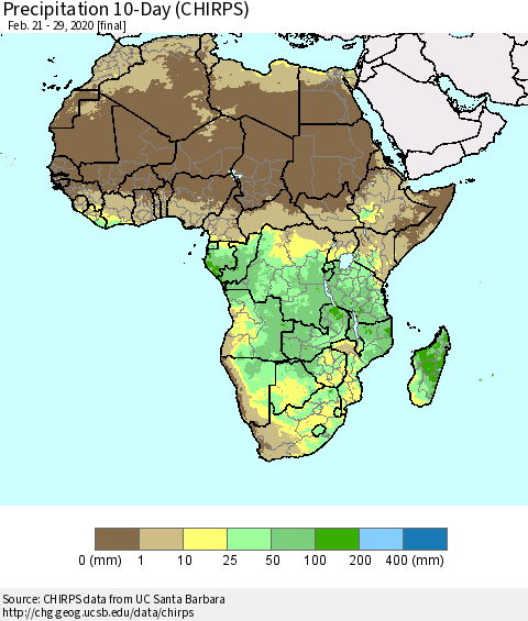 Africa Precipitation 10-Day (CHIRPS) Thematic Map For 2/21/2020 - 2/29/2020