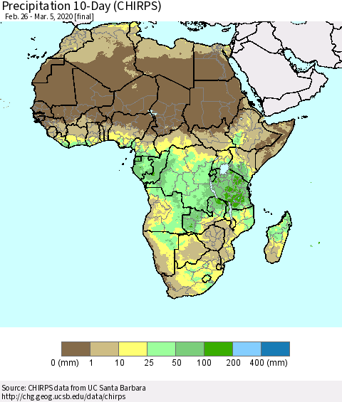 Africa Precipitation 10-Day (CHIRPS) Thematic Map For 2/26/2020 - 3/5/2020