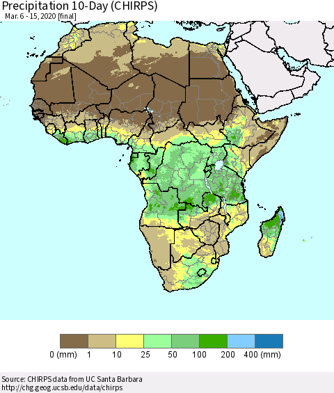 Africa Precipitation 10-Day (CHIRPS) Thematic Map For 3/6/2020 - 3/15/2020