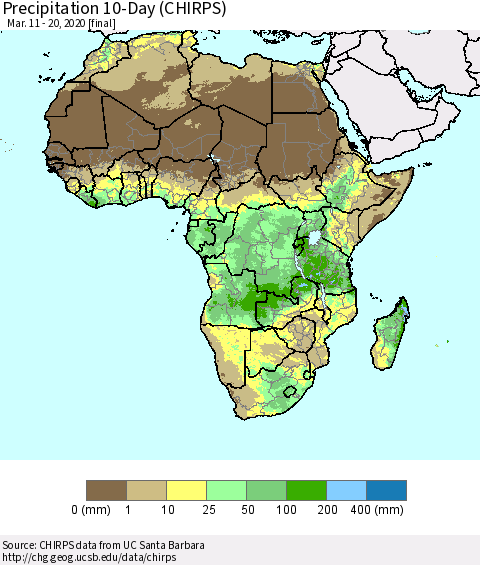 Africa Precipitation 10-Day (CHIRPS) Thematic Map For 3/11/2020 - 3/20/2020