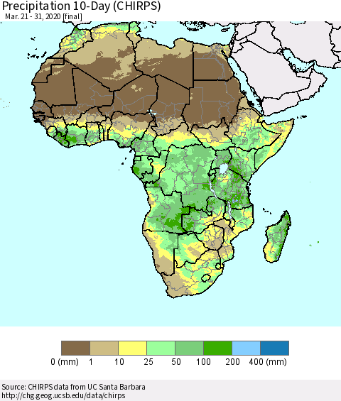 Africa Precipitation 10-Day (CHIRPS) Thematic Map For 3/21/2020 - 3/31/2020