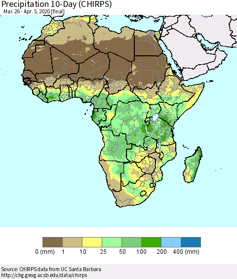Africa Precipitation 10-Day (CHIRPS) Thematic Map For 3/26/2020 - 4/5/2020