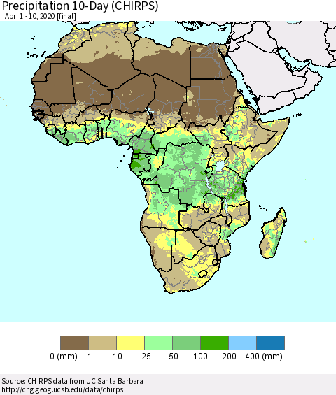 Africa Precipitation 10-Day (CHIRPS) Thematic Map For 4/1/2020 - 4/10/2020