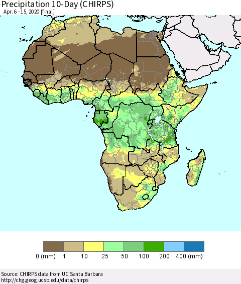 Africa Precipitation 10-Day (CHIRPS) Thematic Map For 4/6/2020 - 4/15/2020