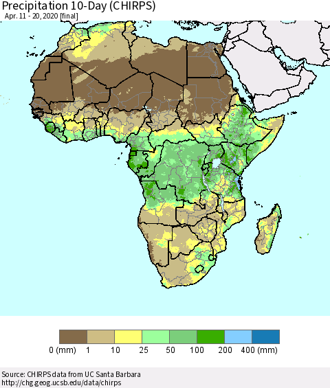 Africa Precipitation 10-Day (CHIRPS) Thematic Map For 4/11/2020 - 4/20/2020