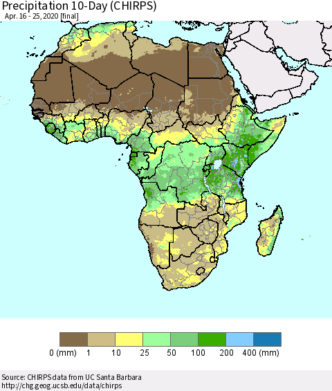 Africa Precipitation 10-Day (CHIRPS) Thematic Map For 4/16/2020 - 4/25/2020
