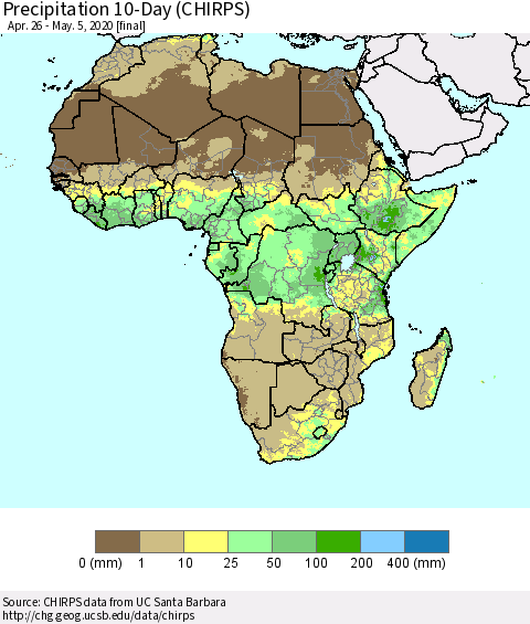 Africa Precipitation 10-Day (CHIRPS) Thematic Map For 4/26/2020 - 5/5/2020