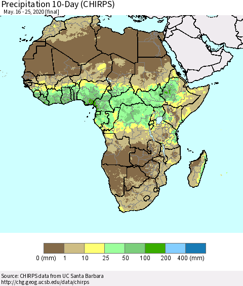 Africa Precipitation 10-Day (CHIRPS) Thematic Map For 5/16/2020 - 5/25/2020