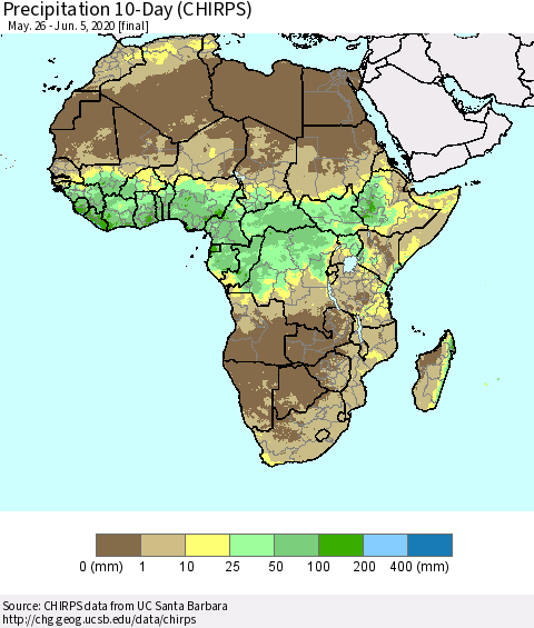 Africa Precipitation 10-Day (CHIRPS) Thematic Map For 5/26/2020 - 6/5/2020